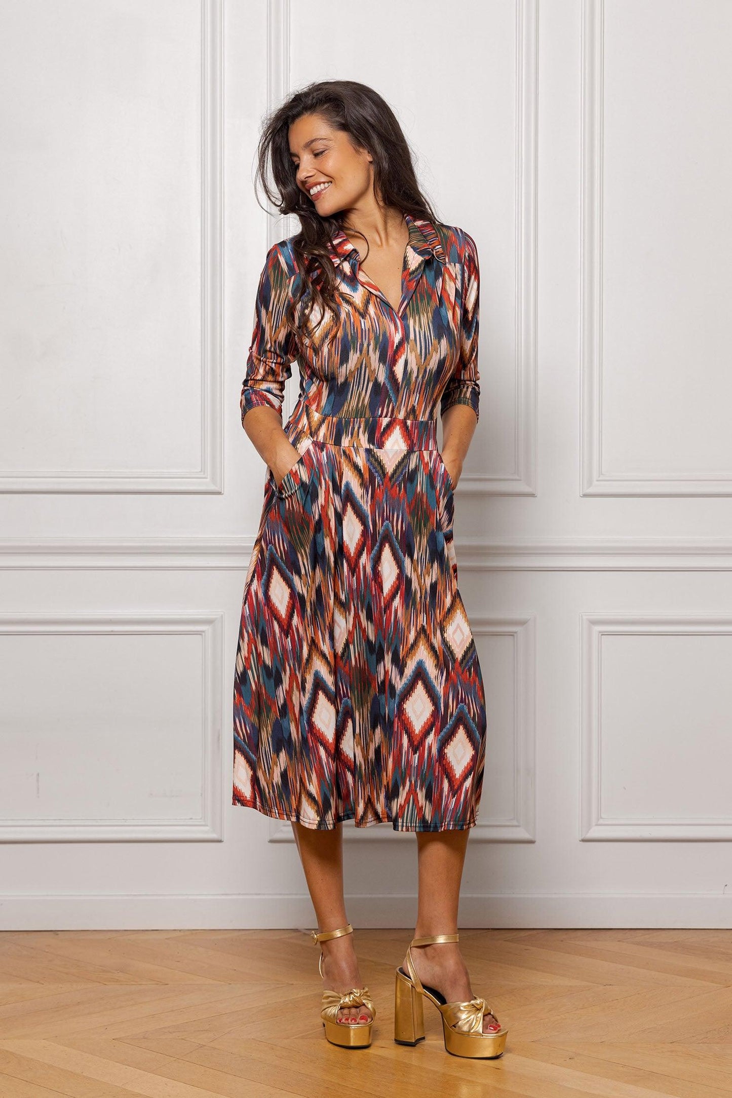 Langes Bertine-Kleid mit grafischem Print